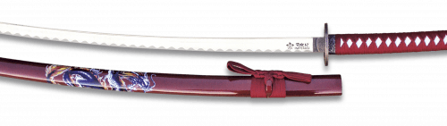 Katana Roja de Acero Carbono con Peana. Hoja 69 cm