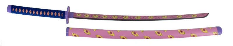 Katana S0259 de Demon Slayer Katana Kokushibou empuñada por Tsugikumi Michikatsu réplica no oficial de 101 cm hoja de acero decorada con rosa y ojos amarillos, mango con encordado lila, vaina rosa con ojos amarillos y detalles en lila. Ref. S0259 - Imagen 2