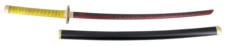 Katana S0260 de Demon Slayer empuñada por Yoriichi Tsugikuni réplica no oficial de 101 cm hoja de acero acabada en negro con corte en rojo, mango con amarillo, vaina negra con detalles en dorado. Ref. S0260 - Imagen 2