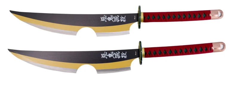Espadas gemelas S0273 de Demon Slayer empuñadas por Tengen Uzui mango encordado en color granate y hoja negra con corte en satinado y amarillo. Ref. S0273 - Imagen 4