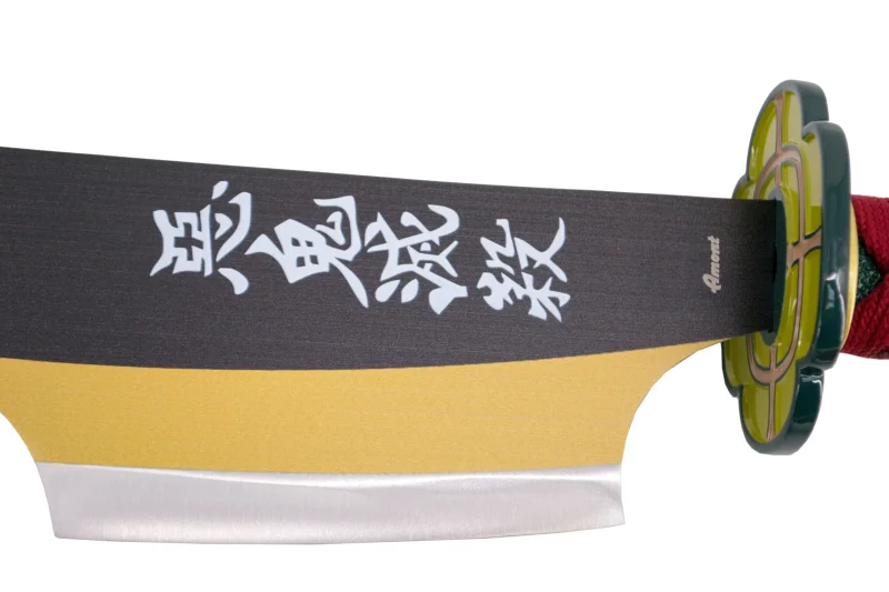Espadas gemelas S0273 de Demon Slayer empuñadas por Tengen Uzui mango encordado en color granate y hoja negra con corte en satinado y amarillo. Ref. S0273 - Imagen 3