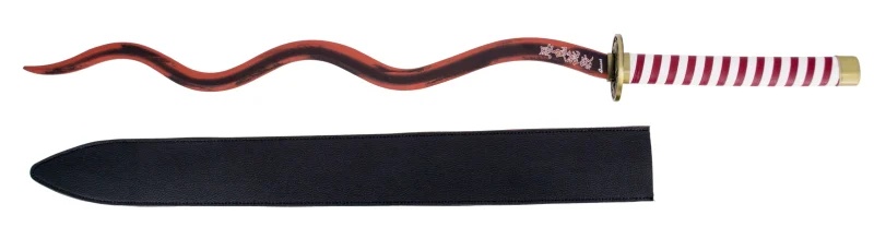 Katana S0278N de Demon Slayer empuñada por Obanai Iguro réplica no oficial de  cm hoja de acero acabada en negro desgastado con corte en rojo, mango con encordado en granate y blanco de polipiel, tsuba con dos serpientes, vaina negra en polipiel. Ref. S0278N - Imagen 4