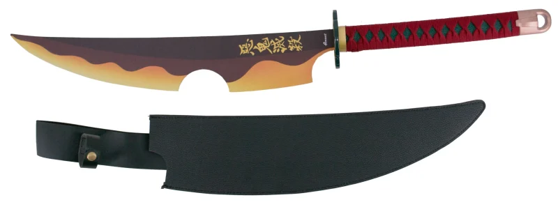 Espada gemela S0294 de Demon Slayer empuñada por Tengen Uzui mango encordado en color granate y hoja negra con corte acabado en llamas amarillas y naranjas. Con funda de polipiel negra. Ref. S0294