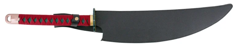 Espada gemela S0294 de Demon Slayer empuñada por Tengen Uzui mango encordado en color granate y hoja negra con corte acabado en llamas amarillas y naranjas. Con funda de polipiel negra. Ref. S0294 - Imagen 2