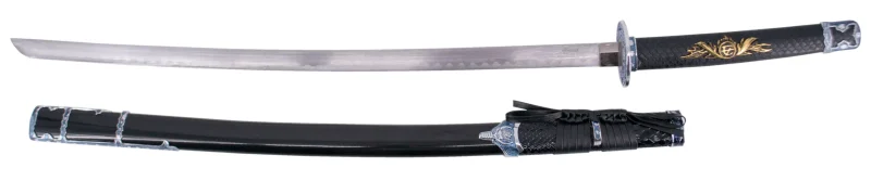 Katana S2023 de 101,5 cm hoja de acero, vaina de madera negra lacada con detalles metálicos e imitación de piel de serpiente, mango con imitación de piel de sepriente negra de polipiel. Con soporte. Ref. S2023 - Imagen 2