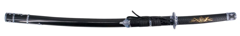 Katana S2023 de 101,5 cm hoja de acero, vaina de madera negra lacada con detalles metálicos e imitación de piel de serpiente, mango con imitación de piel de sepriente negra de polipiel. Con soporte. Ref. S2023 - Imagen 4