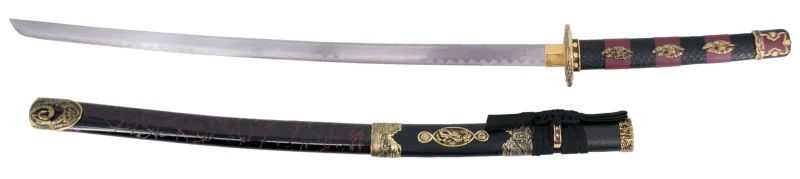 Katana S2024 de 101,5 cm hoja de acero, vaina de madera negra lacada con detalles rojos e imitación de piel de serpiente, mango con imitación de piel de sepriente negra y detalles rojos de polipiel. Con soporte. Ref. S2024 - Imagen 3