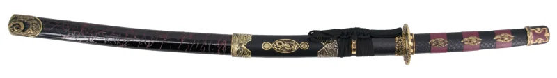 Katana S2024 de 101,5 cm hoja de acero, vaina de madera negra lacada con detalles rojos e imitación de piel de serpiente, mango con imitación de piel de sepriente negra y detalles rojos de polipiel. Con soporte. Ref. S2024 - Imagen 2