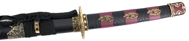 Katana S2024 de 101,5 cm hoja de acero, vaina de madera negra lacada con detalles rojos e imitación de piel de serpiente, mango con imitación de piel de sepriente negra y detalles rojos de polipiel. Con soporte. Ref. S2024 - Imagen 5