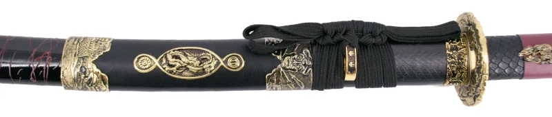 Katana S2024 de 101,5 cm hoja de acero, vaina de madera negra lacada con detalles rojos e imitación de piel de serpiente, mango con imitación de piel de sepriente negra y detalles rojos de polipiel. Con soporte. Ref. S2024 - Imagen 4