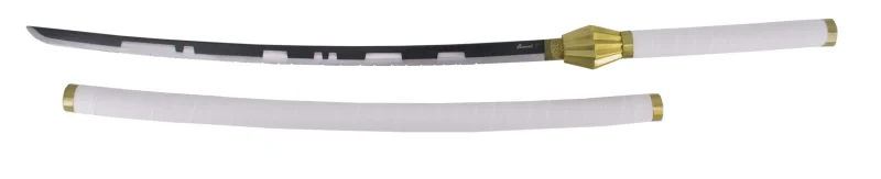 Katana S5047 de Kenpachi de Bleach réplica no oficial de 109 cm hoja de acero en negro y el corte satinado con dentado, mango y funda con encordado blanco, con soporte. Ref. S5047