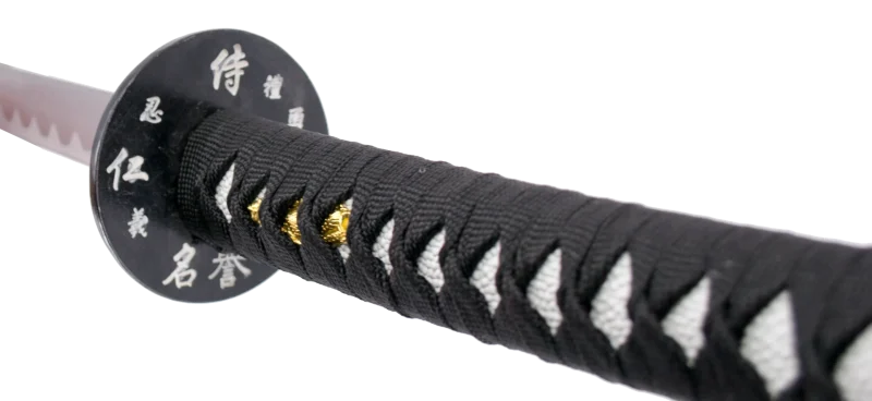 Katana 10037N de 102 cm, vaina negra con inscripción, hoja de acero, mango con encordado negro, con funda de nylon. Ref. 10037N