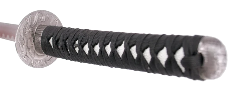 Katana 11002-1 "Espiritu" el último samurai vaina negra con grabado "Espiritu" de 101 cm hoja de acero, mango con encordado negro, con soporte. Ref. 11002-1