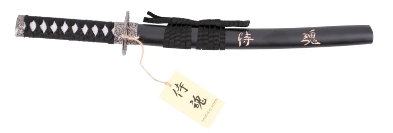 Tanto 11002A "Espíritu" vaina negra con grabado "Espiritu" de 45 cm hoja de acero, mango con encordado negro, con soporte. Ref. 11002A - Imagen 2