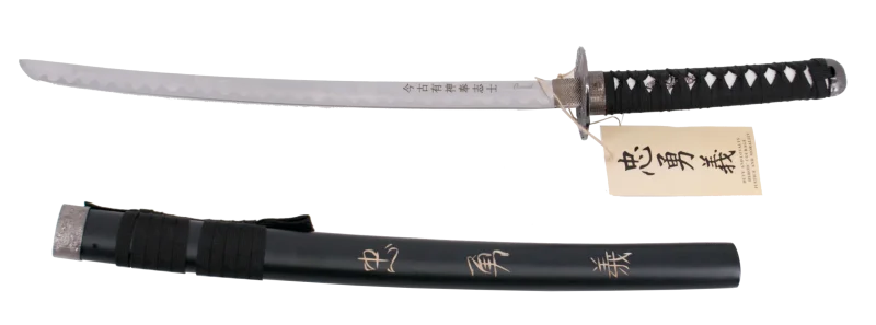 Wakisashi 11002M "Corage, Deber y Lealtad" el último samurai vaina negra con grabado "Corage, Deber y Lealtad" de 79 cm hoja de acero, mango con encordado negro, con soporte. Ref. 11002M - Imagen 2