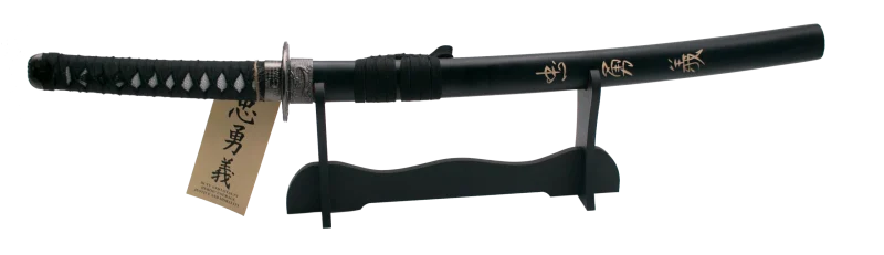 Wakisashi 11002M "Corage, Deber y Lealtad" el último samurai vaina negra con grabado "Corage, Deber y Lealtad" de 79 cm hoja de acero, mango con encordado negro, con soporte. Ref. 11002M - Imagen 3