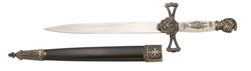 Daga 13747-1 Medieval, el pomo es un casco de color bronce del mismo color que la guarda, la empuñadura es de color blanco con un dibujo en negro. El tamaño total es de 35cm y la hoja de acero. La vaina es negra con detalles en bronce. Ref. 13747-1