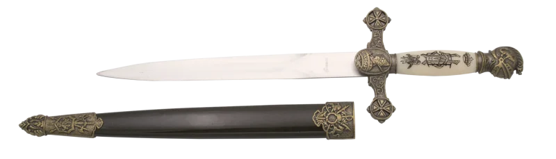 Daga 13747-2 Medieval, el pomo es un casco de color bronce del mismo color que la guarda, la empuñadura es de color blanco con un dibujo en negro. El tamaño total es de 35cm y la hoja de acero. La vaina es negra con detalles en bronce. Ref. 13747-2