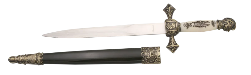 Daga 13747-4 Medieval, el pomo es un casco de color bronce del mismo color que la guarda, la empuñadura es de color blanco con un dibujo en negro. El tamaño total es de 35cm y la hoja de acero. La vaina es negra con detalles en bronce.Ref. 13747-4