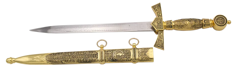 Daga 15434 AK-47, el pomo, la guarda y la empuñadura son de color dorado igual que la vaina metalica, el tamaño total es de 41cm con la hoja de acero Ref. 15434