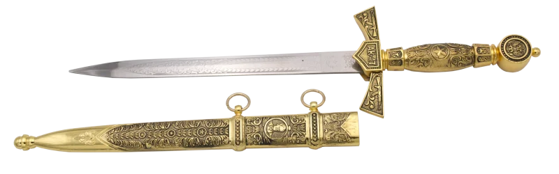 Daga 15434 AK-47, el pomo, la guarda y la empuñadura son de color dorado igual que la vaina metalica, el tamaño total es de 41cm con la hoja de acero Ref. 15434