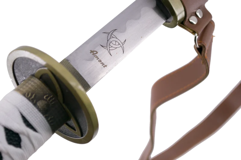 Katana 15963 de Michonne de Walking Dead réplica no oficial de 103 cm hoja de acero, vaina de curpiel marrón con encordado blanco y cinta para colgar en la espalda, mango encordado blanco. Ref. 15963