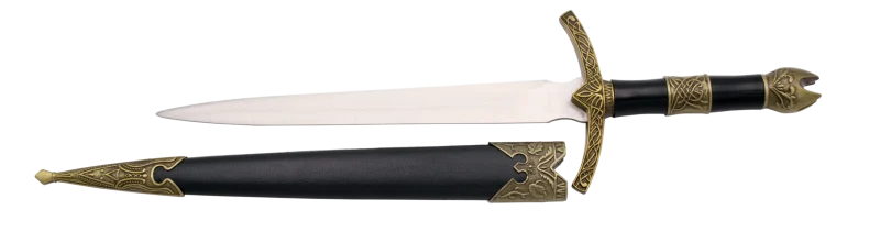 Daga S0145 Rey Brujo replica no oficial, el pomo y la guarda son de color bronce, y la empuñadura en negro con una franja en bronce. El tamaño total es de 35cm con la  hoja de acero. La vaina es de color negro con detalles bronce. Ref. S0145