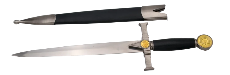 Daga S0171G Medieval masonica, el pomo y la guarda son de color niquel con detalles en dorado y la empuñadura en negro. El tamaño total es de 42cm con la hoja de acero. La vaina es negra con acabados en niquel. Ref. S0171G