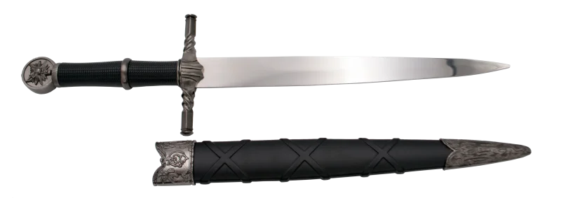Daga S0222, replicas en miniatura de espadas de The Witcher, el pomo contiene un simbolo de un leon en color niquel igual que la guarda con la  empuñadura en color negro con acabados en niquel. El tamaño total es de 40cm de hoja en acero. La vaina es de color negro con acabados en niquel. Ref. S0222