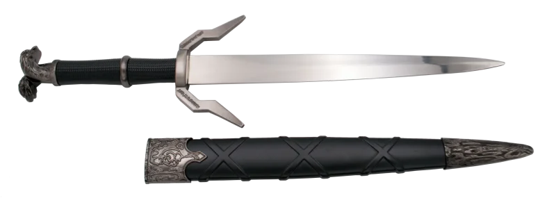 Daga S0223, replicas en miniatura de espadas de The Witcher, el pomo contiene dos leones en color niquel igual que la guarda con la  empuñadura en color negro con acabados en niquel. El tamaño total es de 40cm de hoja en acero. La vaina es de color negro con acabados en niquel. Ref. S0223
