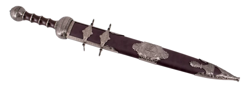 Espada S0242RD Modelo de espada romana Spatha de caballería, con acabados en dorado antiguo en el pomo la guarda y la empuñadura. Con un tamaño total 80cm, hoja de acero con patrón imitación de damasco. Continene funda negra forrada en polipiel roja con detalles de en dorado antiguo. Ref. S0242RD - Imagen 2