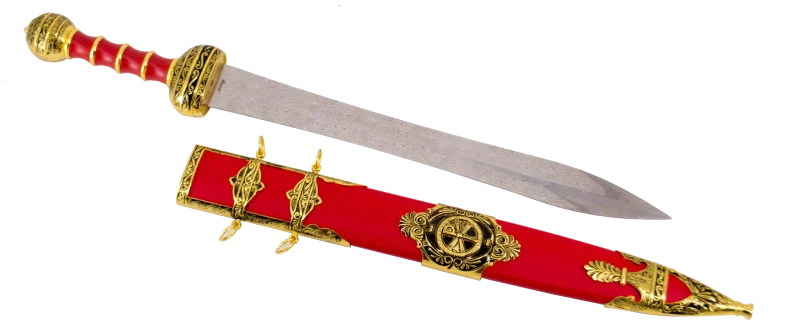Espada S0242BK Modelo de espada romana Spatha de caballería, con acabados en níquel en el pomo la guarda y la empuñadura. Con un tamaño total 80 cm, hoja de acero con patrón imitación de damasco. Continene funda negra forrada en polipiel marrón con detalles de en níquel. Ref. S0242BK