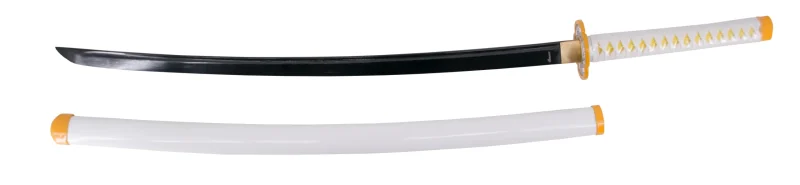 Katana Funcional S0244H de Demon Slayer empuñada por Agatsuma Zenitsu réplica no oficial de 108 cm hoja de acero al carbono AISI 1045 acabada en negro, con vaina blanca con engarces en color naranja, mango con encordado blanco e imitación de piel de raya de color naranja , con caja de madera forrada de tejido decorativo de presentación. Ref. S0244H - Imagen 4