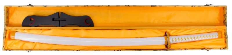 Katana Funcional S0244H de Demon Slayer empuñada por Agatsuma Zenitsu réplica no oficial de 108 cm hoja de acero al carbono AISI 1045 acabada en negro, con vaina blanca con engarces en color naranja, mango con encordado blanco e imitación de piel de raya de color naranja , con caja de madera forrada de tejido decorativo de presentación. Ref. S0244H - Imagen 2