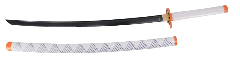 Katana Funcional S0245H de Demon Slayer empuñada por Rengoku Kyoujurou réplica no oficial de 108 cm hoja de acero al carbono AISI 1045 acabada en negro, con vaina de polipiel blanca y detalles en azul con engarces en color naranja, mango con encordado de polipiel blanca, con caja de madera forrada de tejido decorativo de presentación. Ref. S0245H - Imagen 2