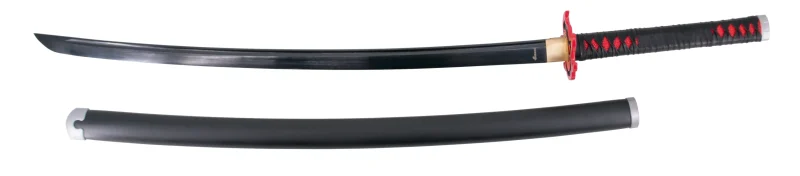 Katana Funcional S0258H de Demon Slayer Katana Mingshao empuñada por Kamado Tanjirou réplica no oficial de 108 cm hoja de acero al carbono AISI 1045 acabada en negro, con vaina negra con engarces en color gris, mango con encordado de polipiel negro e imitación de piel de raya de color rojo , con caja de madera forrada de tejido decorativo de presentación. Ref. S0258H - Imagen 2