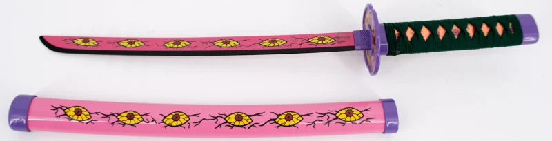 Katana S0290 de Demon Slayer Katana Kokushibou empuñada por Tsugikumi Michikatsu réplica no oficial de 40 cm hoja de acero decorada con rosa y ojos amarillos, mango con encordado lila, vaina rosa con ojos amarillos y detalles en lila. Ref. S0290 - Imagen 3