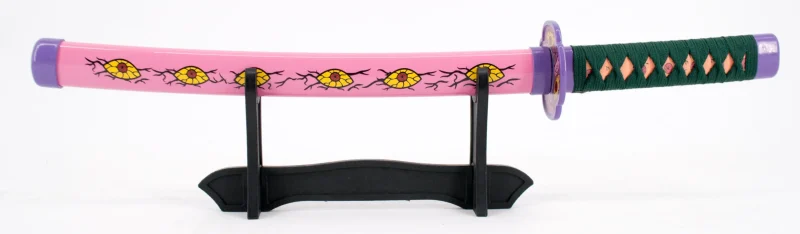 Katana S0290 de Demon Slayer Katana Kokushibou empuñada por Tsugikumi Michikatsu réplica no oficial de 40 cm hoja de acero decorada con rosa y ojos amarillos, mango con encordado lila, vaina rosa con ojos amarillos y detalles en lila. Ref. S0290 - Imagen 2