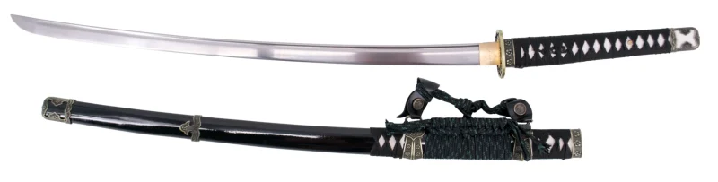 Katana Funcional S0328 de 104 cm hoja de acero, vaina de madera negra lacada con detalles metálicos, mango encordado negro. Con soporte. Ref. S0328 - Imagen 2
