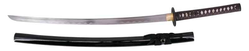 Katana Funcional S2219 de 104,5 cm hoja de acero al carbono AISI 1045 con filo, con vaina negra y encordado negro, mango con encordado marrón en curpiel, tsuba de recambio, con soporte y caja de madera forrada de tejido decorativo de presentación. Ref. S2219 - Imagen 3