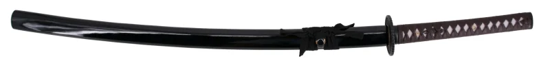 Katana Funcional S2219 de 104,5 cm hoja de acero al carbono AISI 1045 con filo, con vaina negra y encordado negro, mango con encordado marrón en curpiel, tsuba de recambio, con soporte y caja de madera forrada de tejido decorativo de presentación. Ref. S2219 - Imagen 4