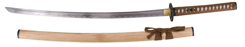 Katana Funcional S2220 de 104,5 cm hoja de acero al carbono AISI 1045 con filo, con vaina color madera y encordado marrón, mango con encordado marrón, tsuba de recambio, con soporte y caja de madera forrada de tejido decorativo de presentación. Ref. S2220 - Imagen 4