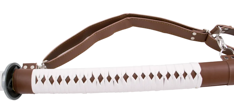 Katana Funcional S2247H de Michonne de Walking Dead réplica no oficial de 102 cm hoja de acero al carbono AISI 1045, vaina de curpiel marrón con encordado blanco de curpiel y cinta para colgar en la espalda, mango encordado blanco de curpiel. Con soporte. Ref. S2247H - Imagen 3