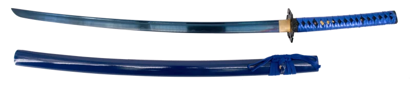 Katana Funcional S2252BL de 104 cm hoja de acero de AISI 1045 con filo acabado en azul, con vaina color azul y encordado azul, mango con encordado azul de curpiel, con soporte y caja de madera forrada de tejido decorativo de presentación. Ref. S2252RD - Imagen 3