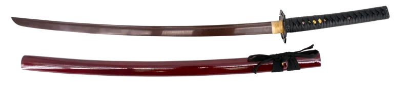 Katana Funcional S2252RD de 104 cm hoja de acero de damasco rojo AISI 1045 con filo, con vaina color rojo y encordado negro, mango con encordado negro de curpiel, con soporte y caja de madera forrada de tejido decorativo de presentación. Ref. S2252RD - Imagen 5