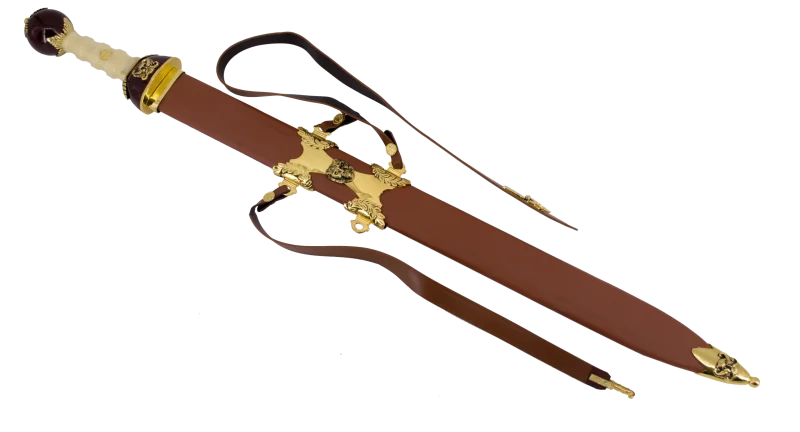 Espada S3004  Modelo de espada romana Spatha de caballería, con acabados en niquel en el pomo la guarda y la empuñadura. Con un tamaño total 104'5cm, hoja de acero. Continene funda con detalles de en niquel.Ref. S3004