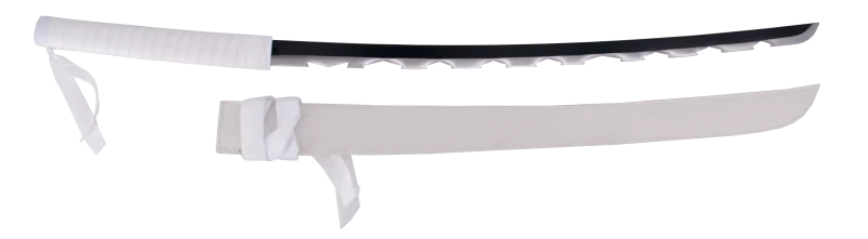 Katana S5010 de Demon Slayer Katana empuñada por Inosuke Hashibira réplica no oficial de 101 cm hoja de acero, la hoja está dentada, mango con encordado blanco, vaina de polipel blanca. Ref. S5010