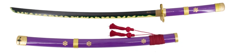 Katana S5032 Katana Enma de Zoro de One Piece réplica no oficial acabada en lila, de 104 cm hoja de bambú acabada en negro con detalles en el corte amarillos y verdes, con vaina lila con detalles dorados y encordado rojo, mango lila con con detalles dorados. Ref. S5032 - Imagen 2