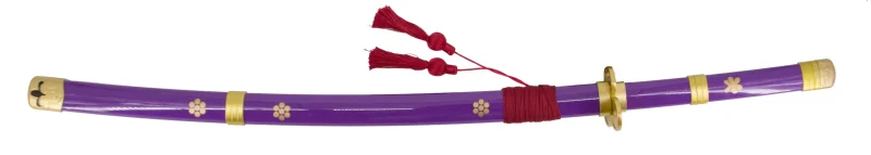 Katana S5032 Katana Enma de Zoro de One Piece réplica no oficial acabada en lila, de 104 cm hoja de bambú acabada en negro con detalles en el corte amarillos y verdes, con vaina lila con detalles dorados y encordado rojo, mango lila con con detalles dorados. Ref. S5032 - Imagen 3