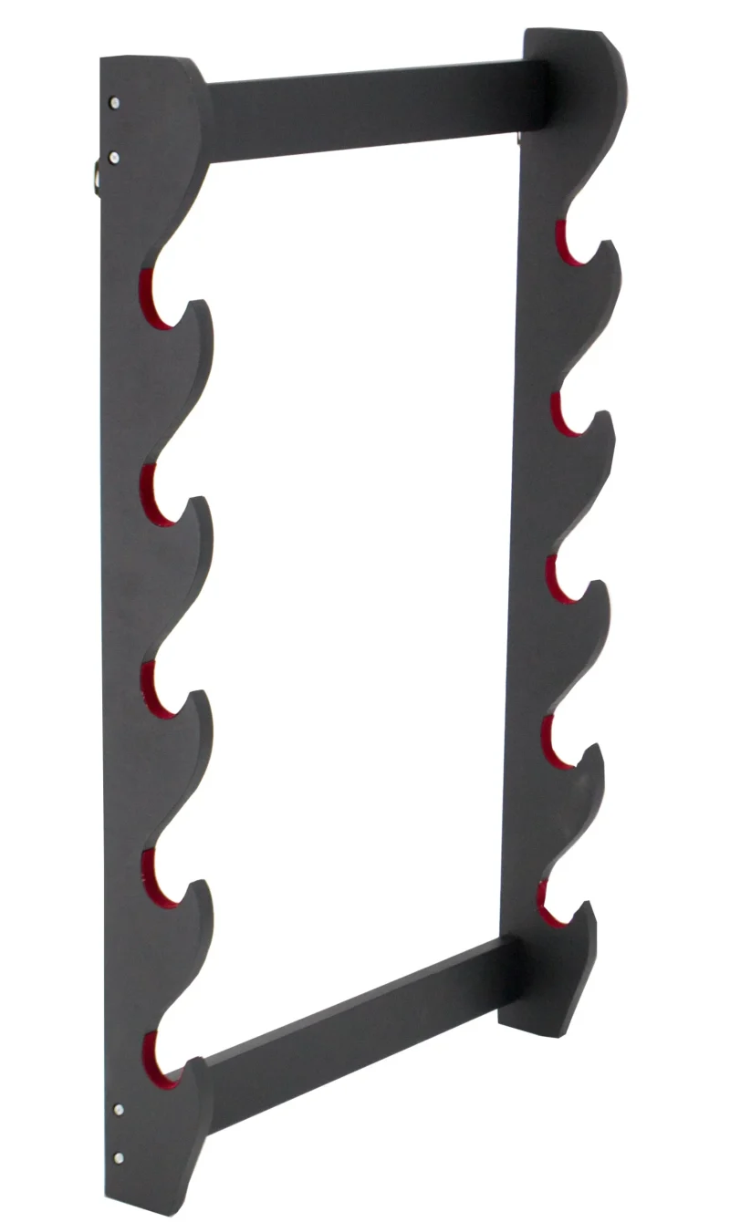 Soporte para pared S5068 para cinco Katanas hecho en madera negra y con tercipoleo rojo en la zona de apoyo de las katanas de 40.5x66.5cm Ref. S5068